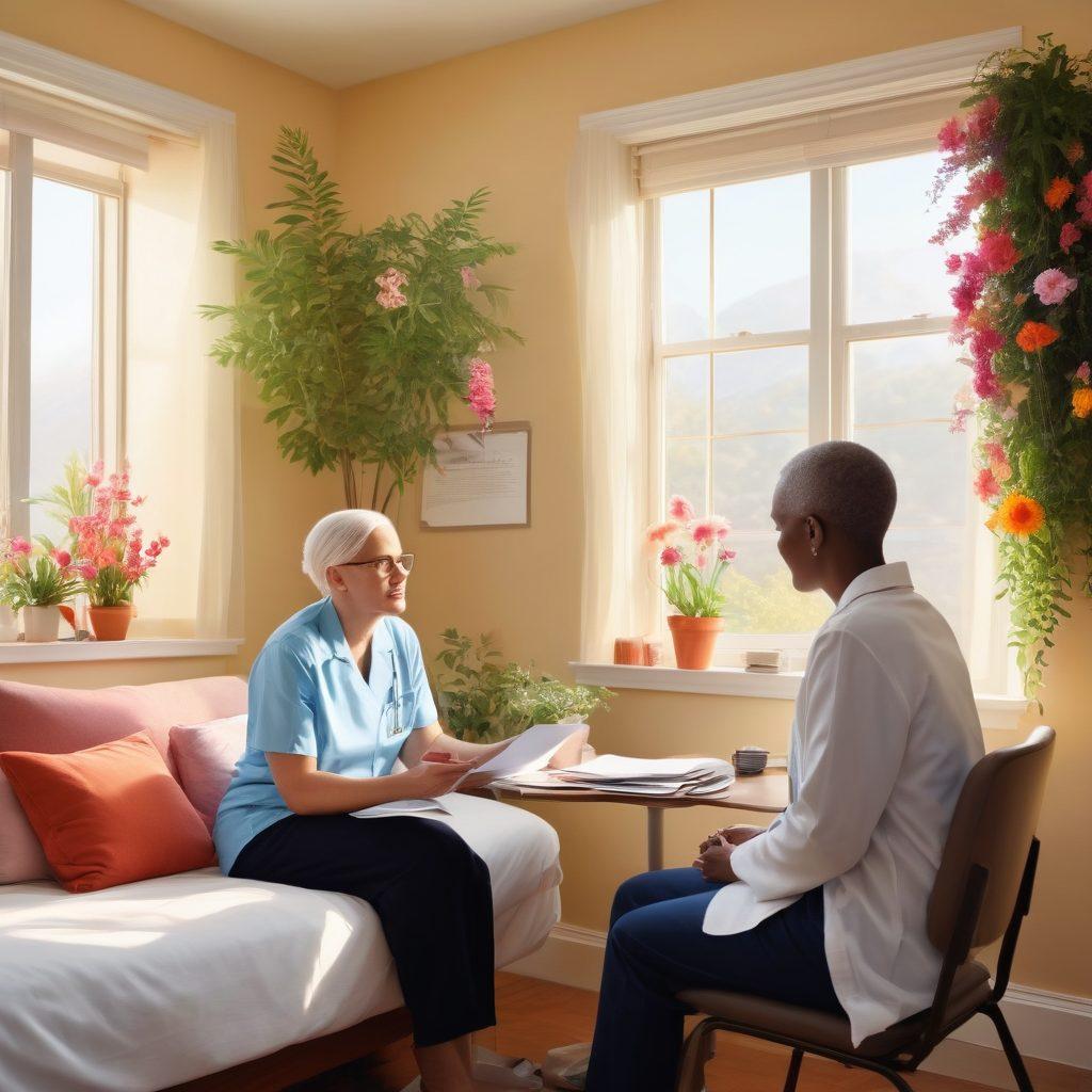 A compassionate healthcare professional discussing treatment options with a cancer patient in a bright, welcoming room filled with supporting resources like pamphlets and laptops. Include a backdrop of vibrant flora symbolizing hope and resilience, with soft sunlight streaming through the window. super-realistic. warm colors. uplifting atmosphere.