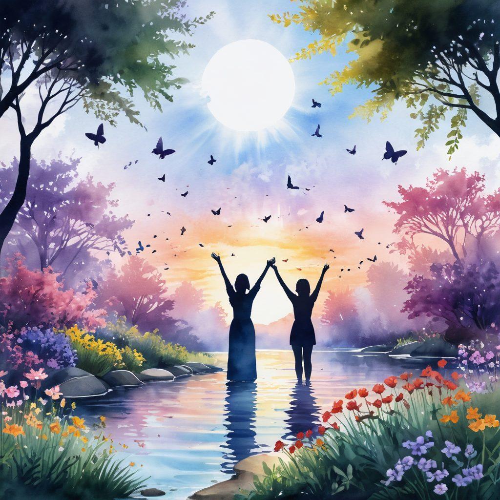A serene landscape featuring a peaceful garden with blooming flowers, symbolizing hope and wellness. In the foreground, a silhouette of a strong, determined individual raising their hands towards a bright, radiant sun, representing empowerment. Include subtle elements like butterflies and gentle flowing water to signify transformation and healing. The overall ambience should evoke inspiration and serenity. soft watercolor style. vibrant colors. natural light.